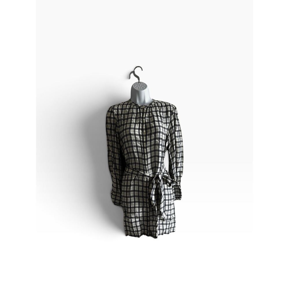 NWOT Joie Mini Dress Large Navy Blue White Grid Check Tie Waist Jacquard